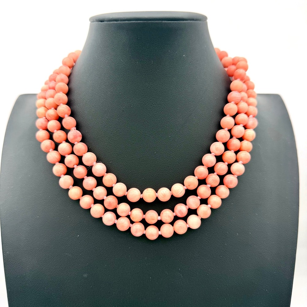 Vintage 56" Genuine Angel Skin Coral Necklace Hand Knotted 8.5mm Beads 124g - Picture 7 of 13